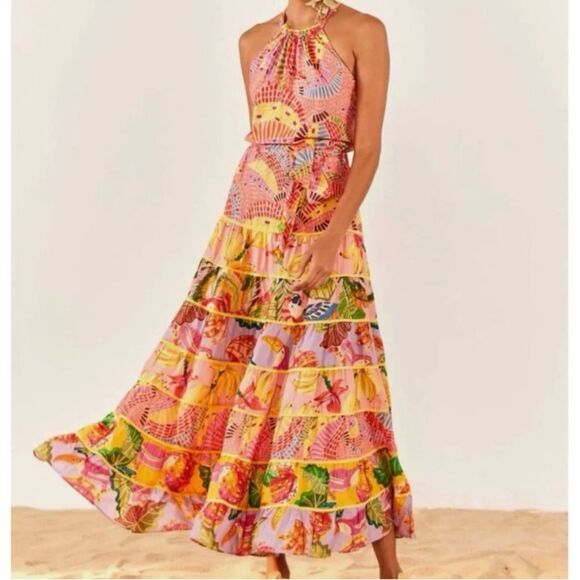 NEW FARM Rio Mixed Pink Prints Maxi Dress Fruit Tiered Crossback Belt Size L - Picture 3 of 16